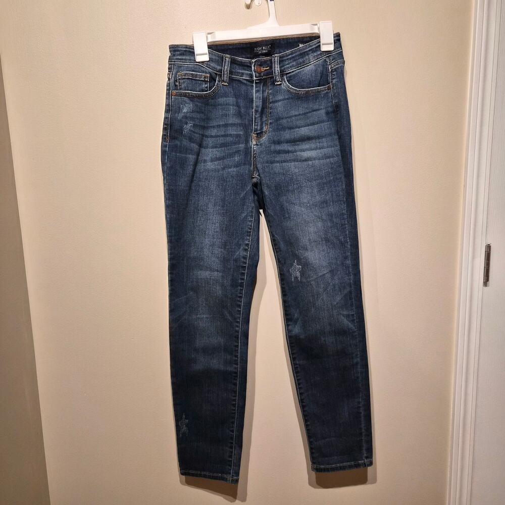 Judy Blue Relaxed Fit Straight Leg Denim Jeans Dark Wash Star Distressing 5 27